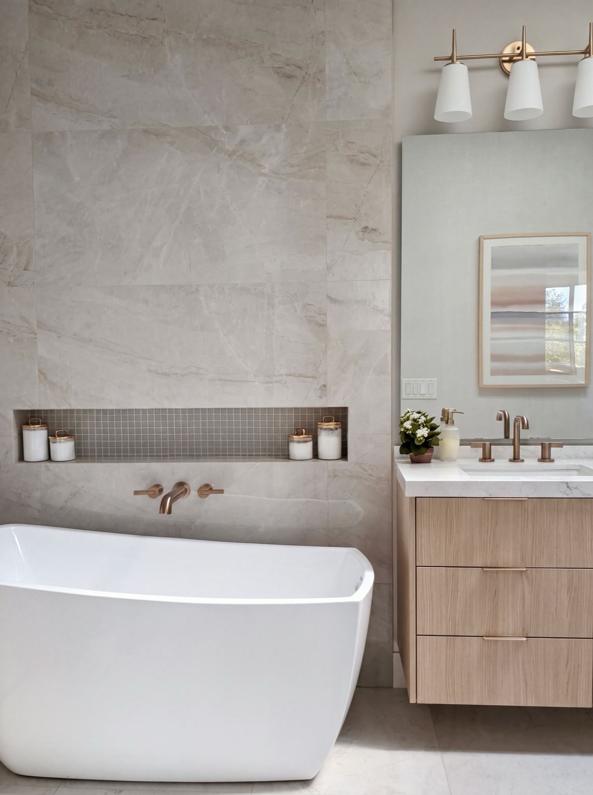 Ensuite bath with freestanding tub, marble-look slab wall, and brass fixtures