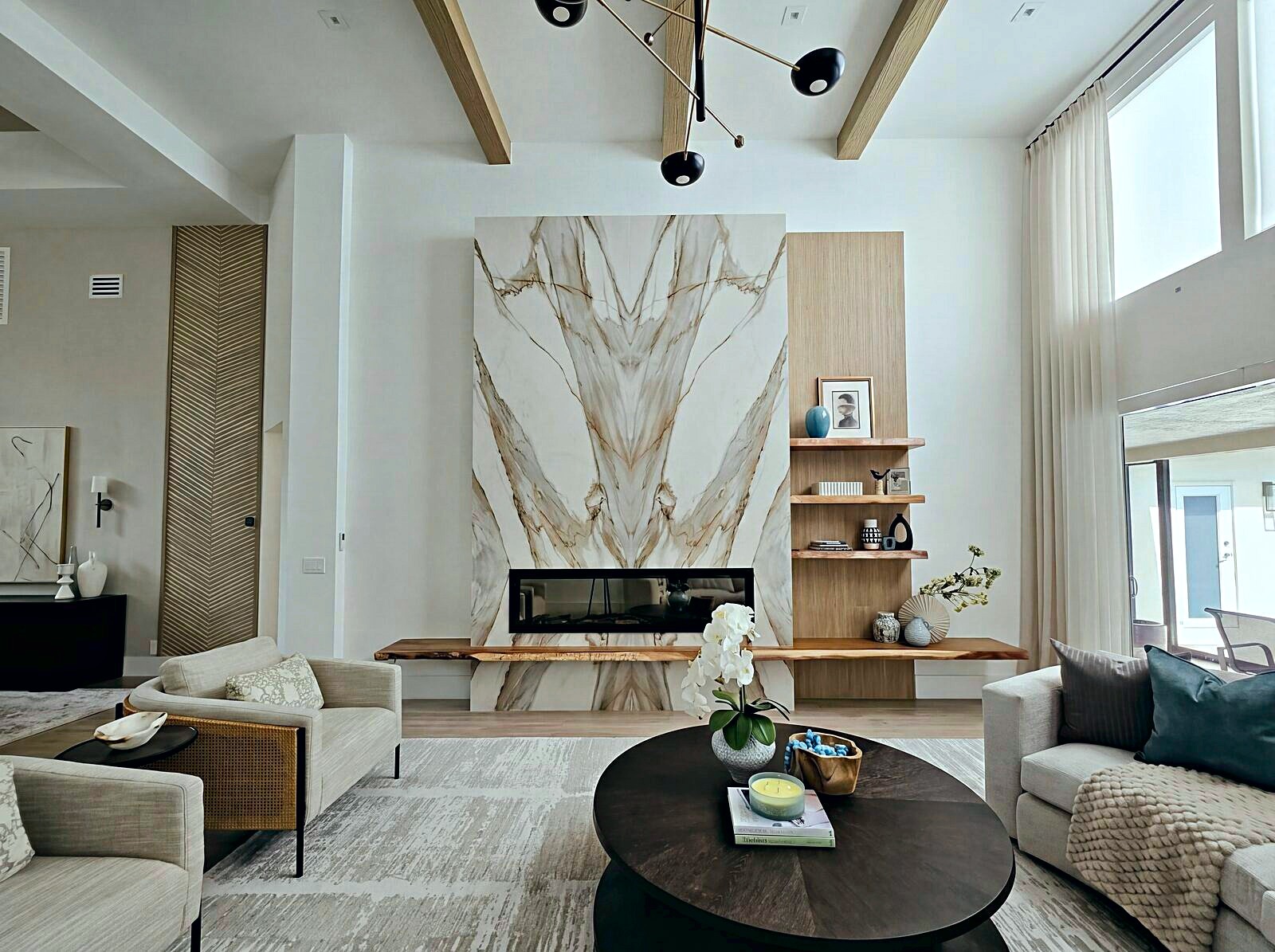 Great room with marble fireplace